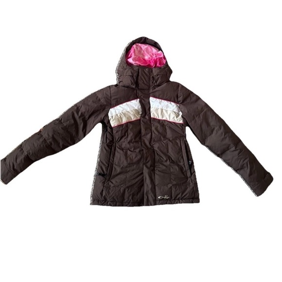 Oakley Women's Full Zip Ski Snowboard Jacket Brown Pink Small Down Puffer Coat